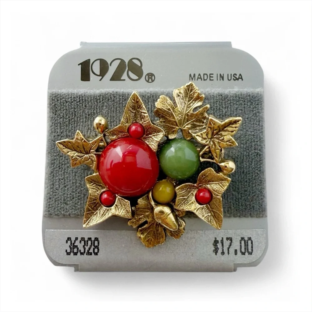 Vintage 1928 Autumn Leaves Acorn Red Green Lucite Cabochons Brooch Pin